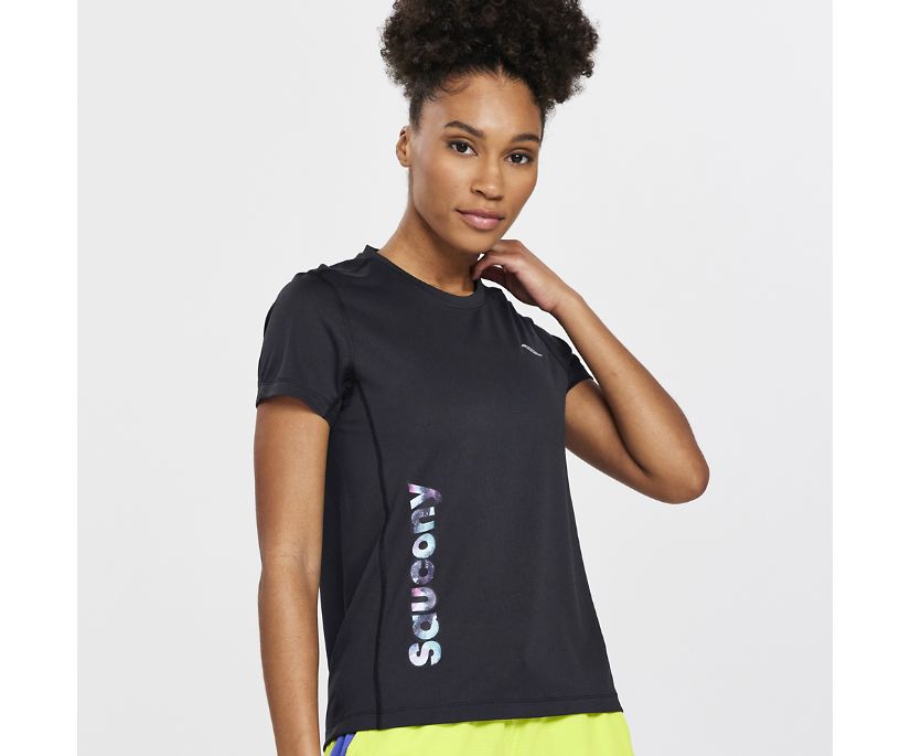 Saucony Stopwatch Graphic Short Sleeve Ženske Tops Crne | L8BA2KC6